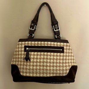 Coach houndstooth brown beige suede leather satchel handbag